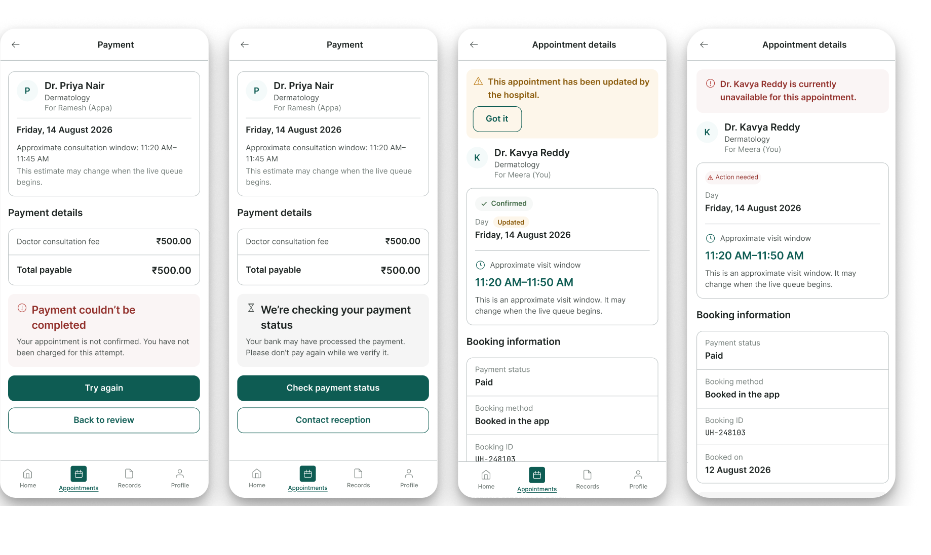 Four recovery screens: Payment couldn't be completed with Try again, Checking your payment status with a warning not to pay again, Appointment updated by the hospital, and Doctor currently unavailable.