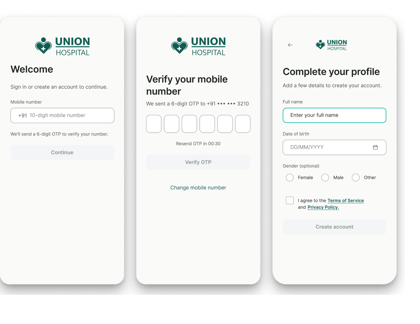 Three sign-in screens: Welcome with mobile number entry, Verify your mobile number with a 6-digit OTP, and Complete your profile.