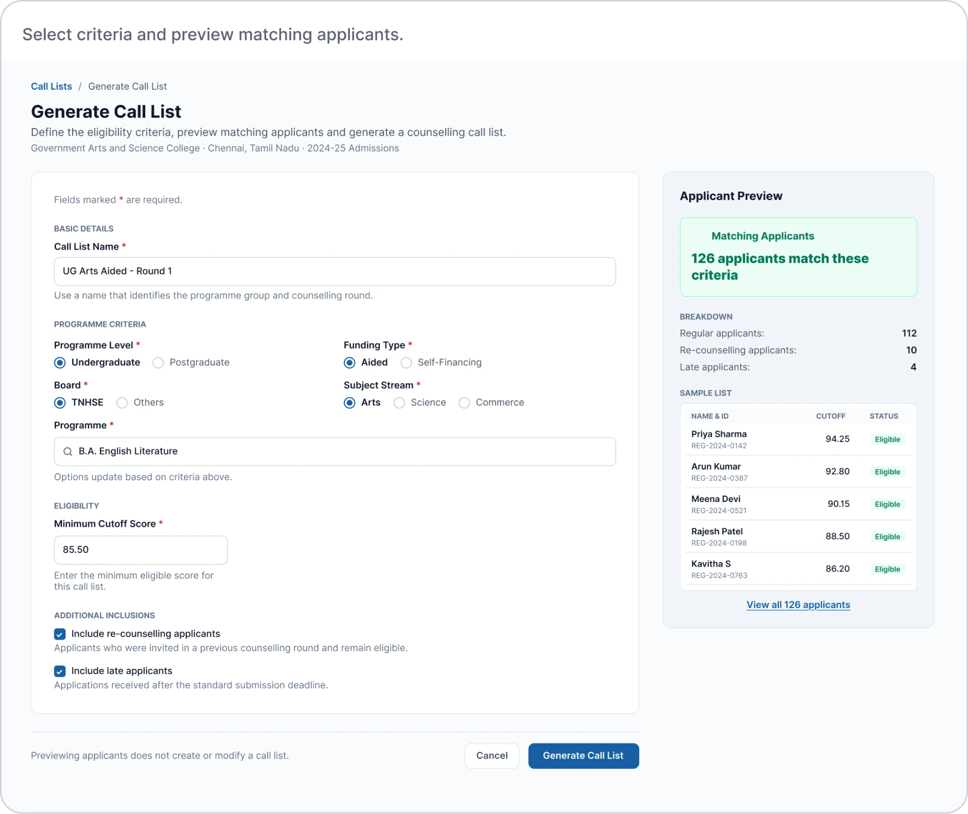 Call list generator with programme criteria, minimum cutoff score of 85.50 and a preview of 126 matching applicants