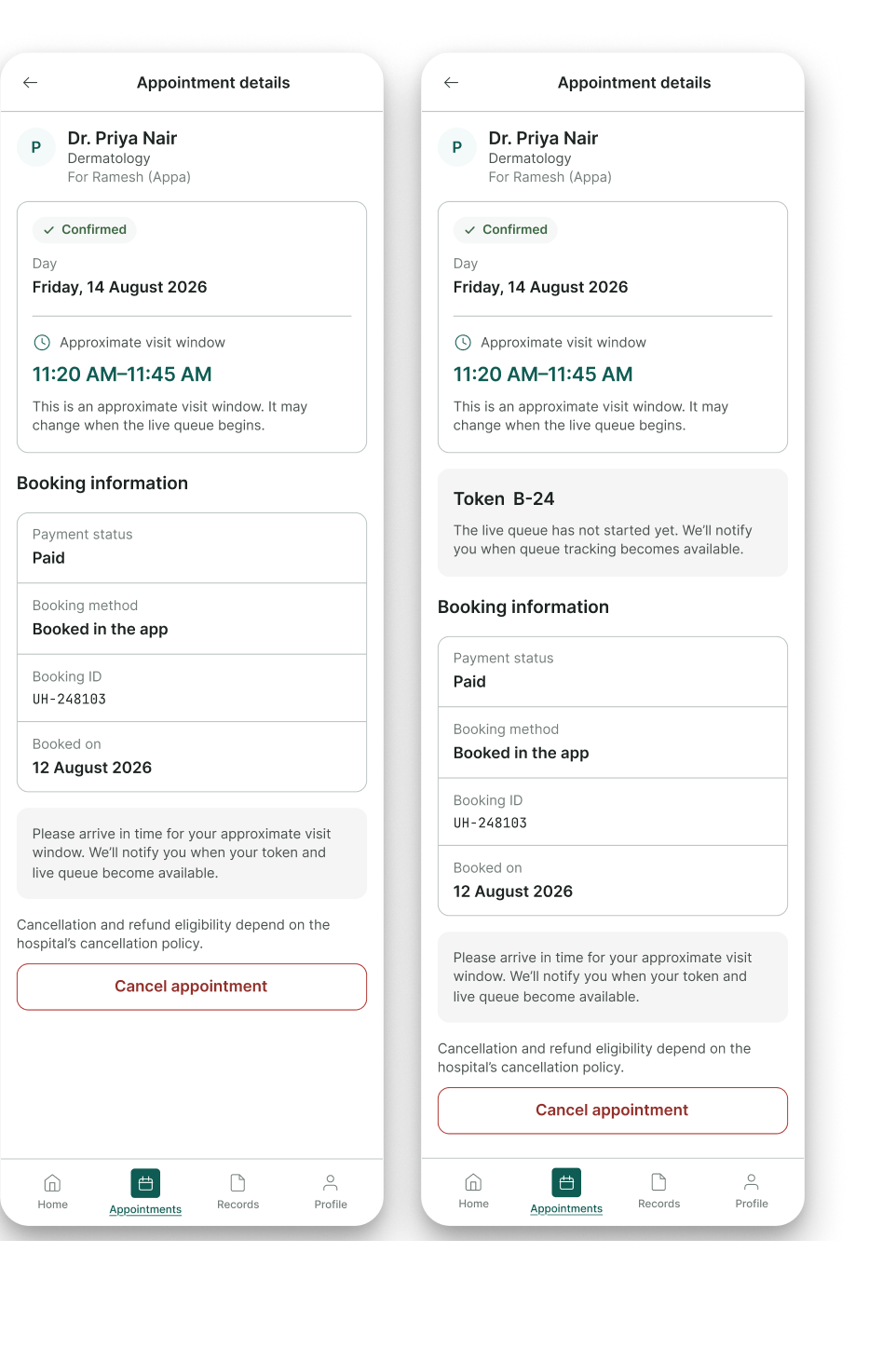 Two confirmed appointment screens: appointment details after payment, and the same appointment with token B-24 issued before the visit day.