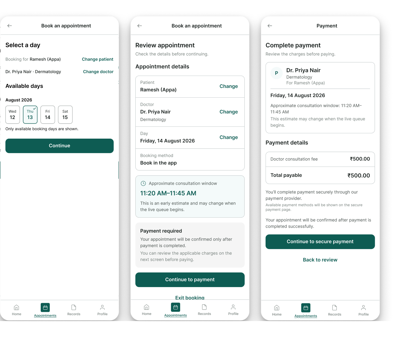 Three screens: Select a day from available booking days, Review appointment with patient, doctor, day and approximate consultation window, and Complete payment showing the ₹500 consultation fee.