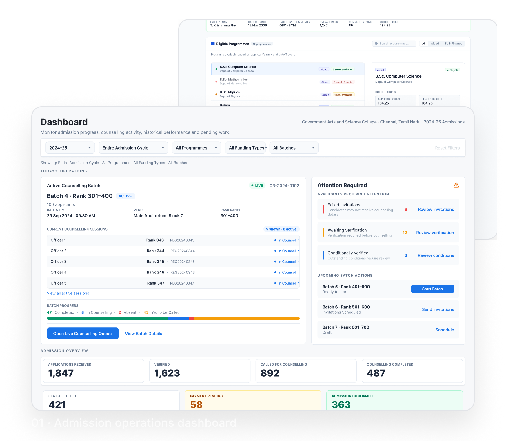 Two staff screens from the system. 01 · Admission operations dashboard, showing the active counselling batch, attention-required actions and admission totals. 02 · Live counselling interface, showing eligible programmes with labelled seat availability for the selected applicant.