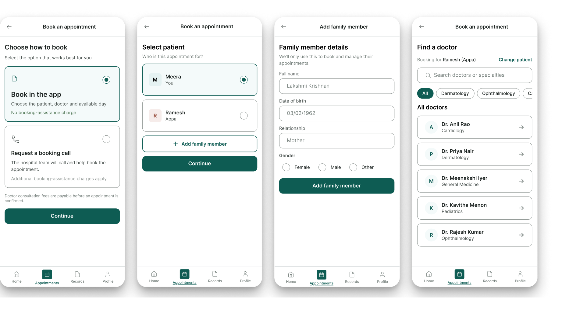 Four booking screens: Choose how to book (in the app or request a booking call), Select patient (Meera or Ramesh), Add family member, and Find a doctor while booking for Ramesh.