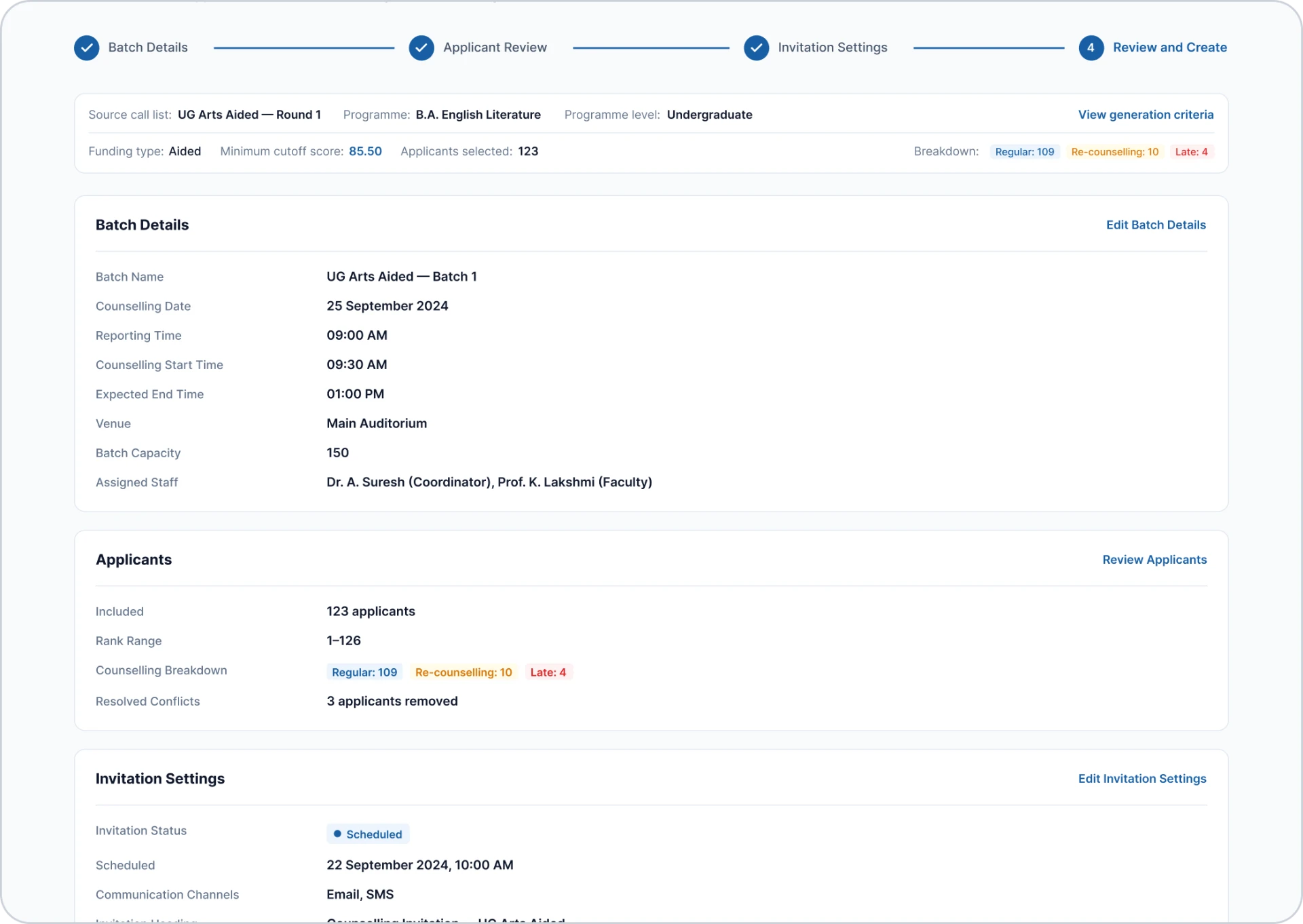 Review and create step of the batch flow summarising batch details for 25 September 2024 at the Main Auditorium, 123 included applicants and scheduled email and SMS invitations