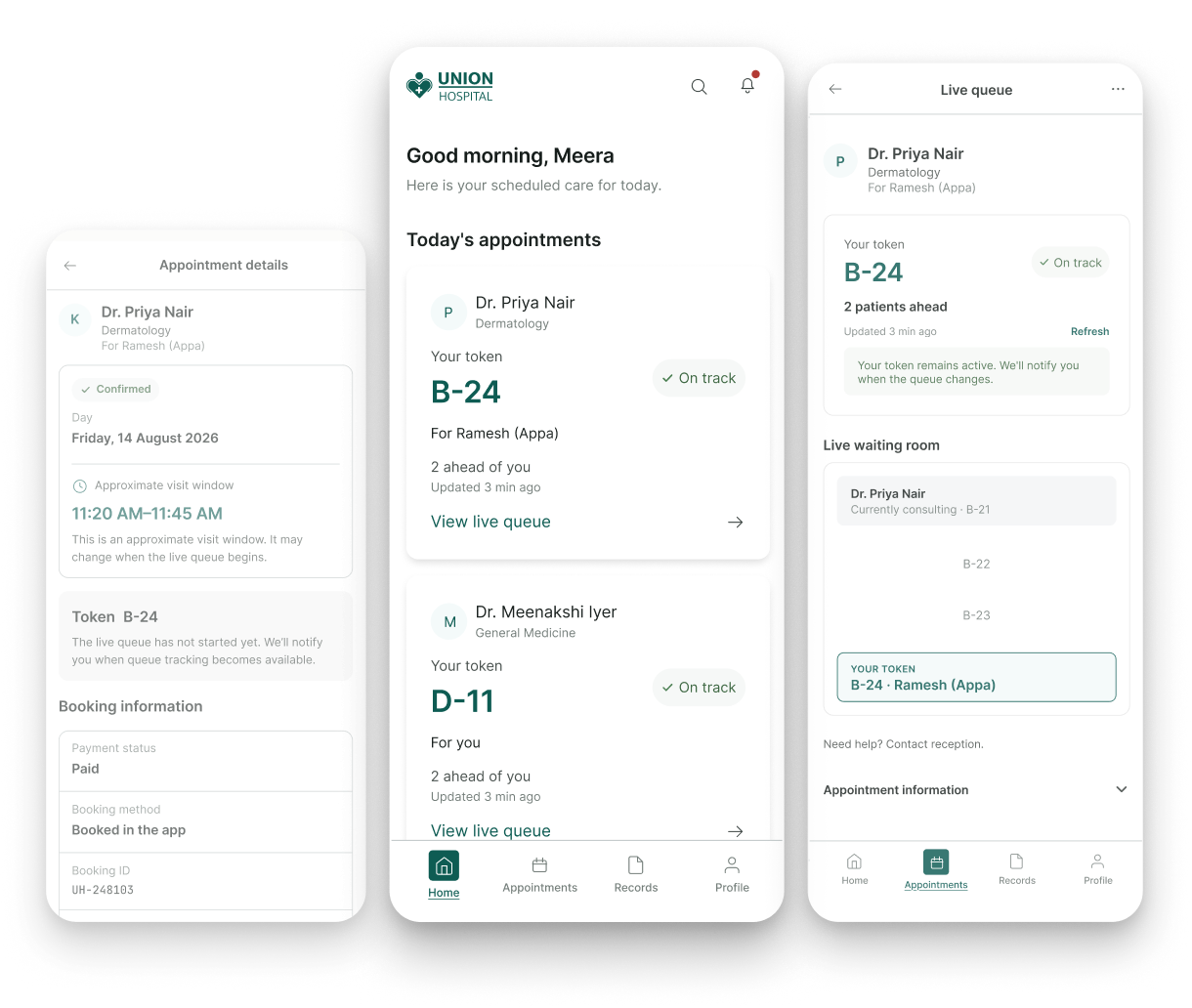 Patient app screens: appointment details, home with today's appointments, and live queue