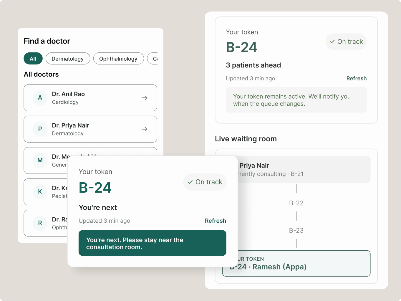 Doctors Appointment Application: the live queue screen showing token B-24 with three patients ahead, and the Find a doctor screen behind it.